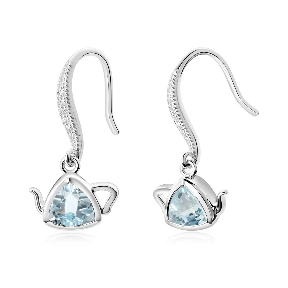 Teapot Inspired Aquamarine Fish Hook Earrings