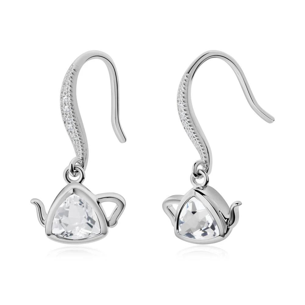 Teapot Inspired White Topaz Fish Hook Earrings