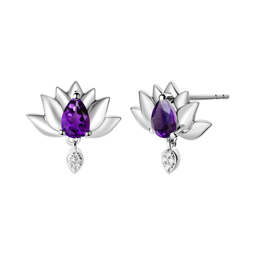 Tear Shaped Amethyst Lotus Stud Earrings