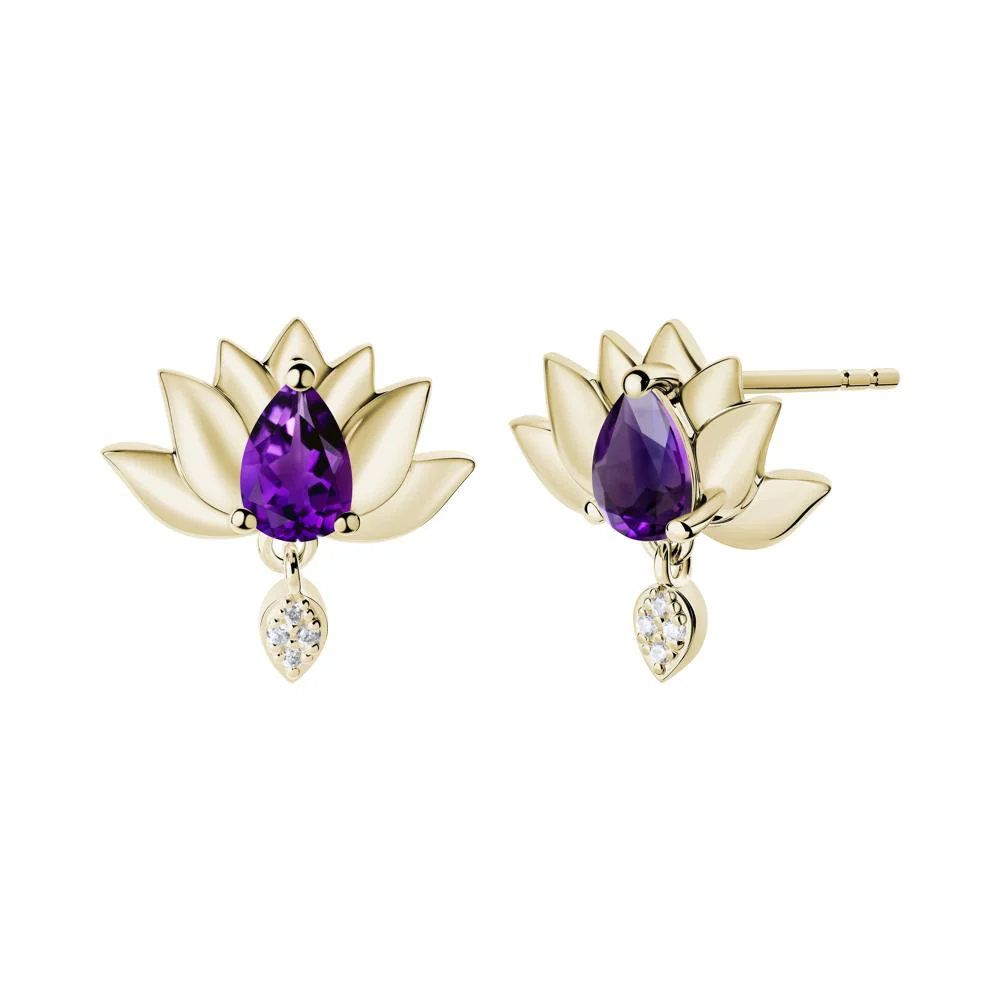 Tear Shaped Amethyst Lotus Stud Earrings - Image 3