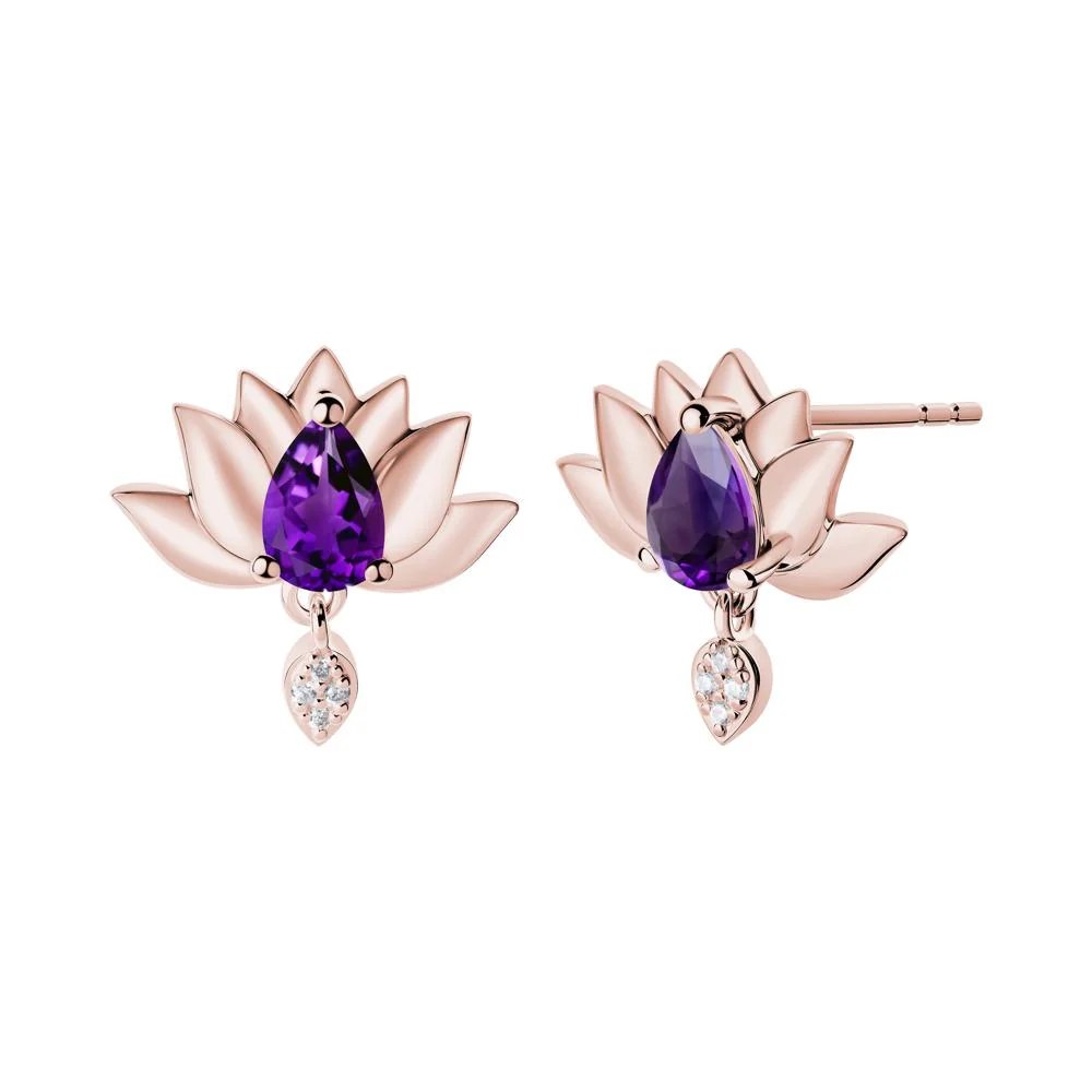 Tear Shaped Amethyst Lotus Stud Earrings - Image 4
