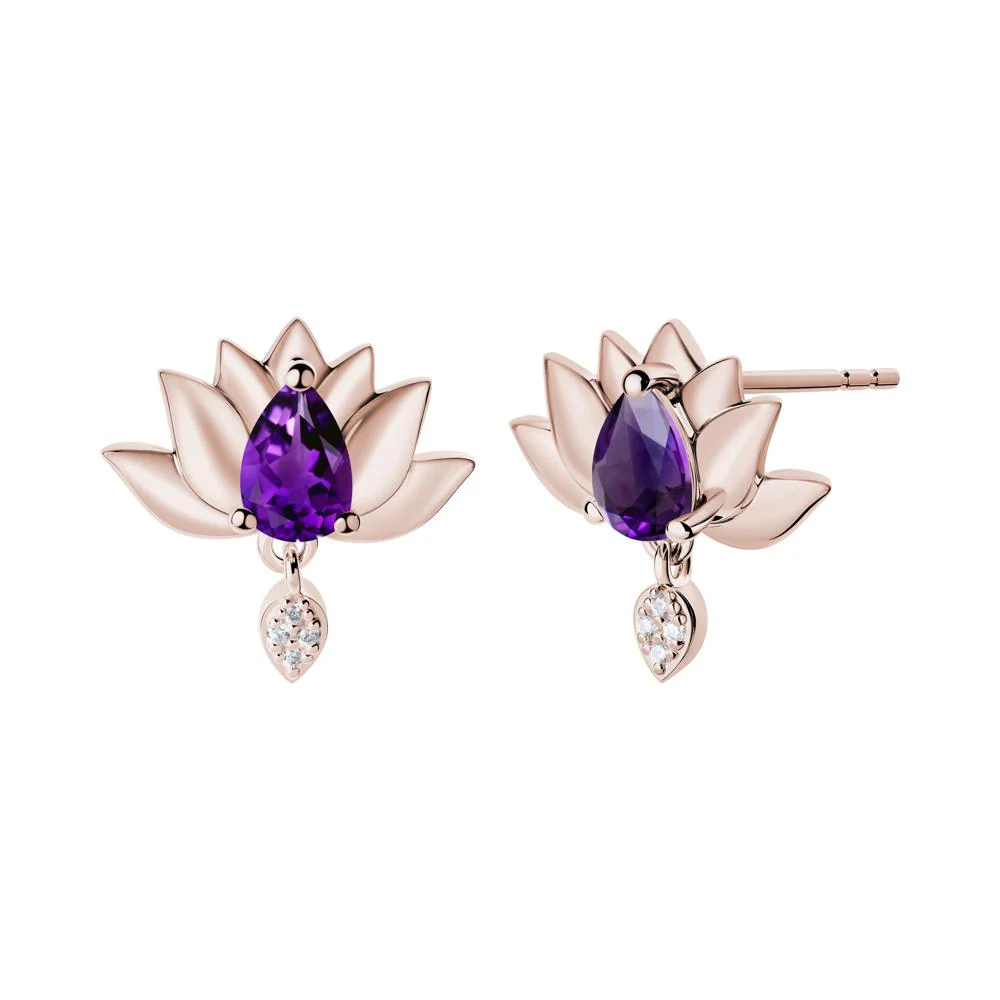 Tear Shaped Amethyst Lotus Stud Earrings - Image 7