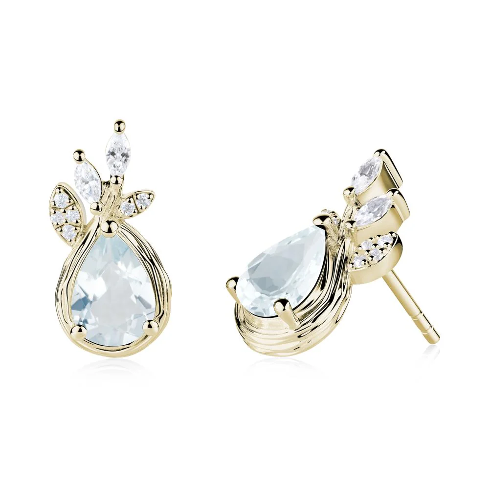 Tear Shaped Aquamarine Leaf Stud Earrings