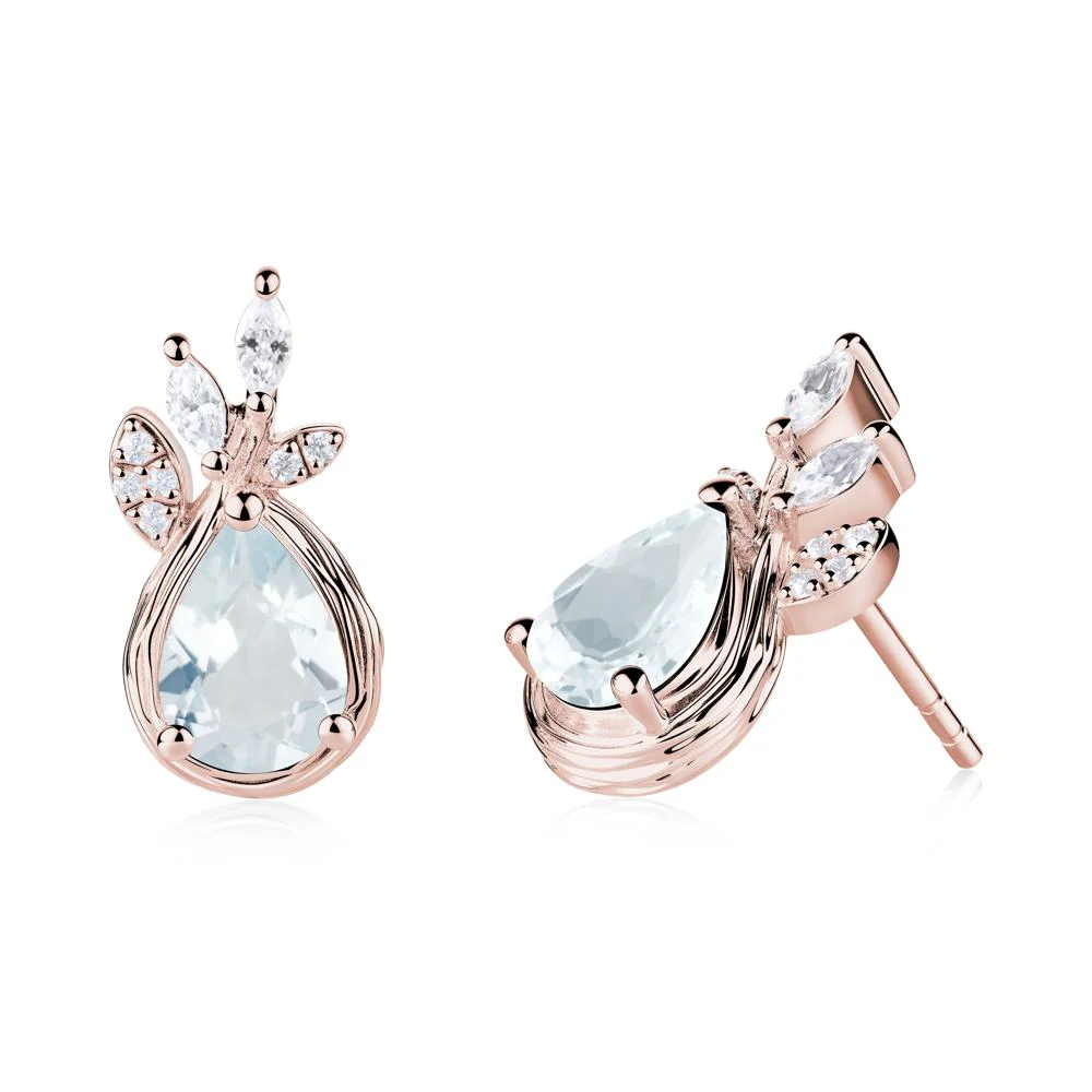 Tear Shaped Aquamarine Leaf Stud Earrings - Image 2