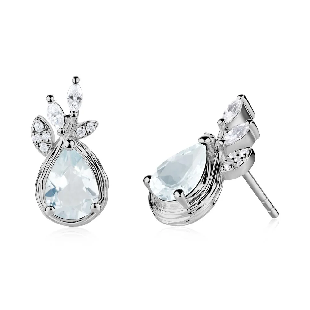 Tear Shaped Aquamarine Leaf Stud Earrings - Image 6