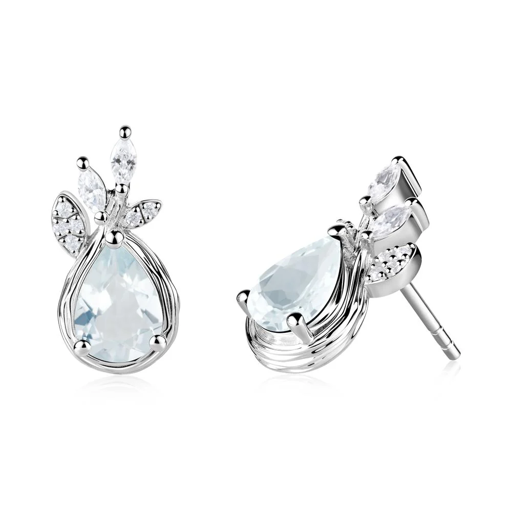 Tear Shaped Aquamarine Leaf Stud Earrings - Image 8