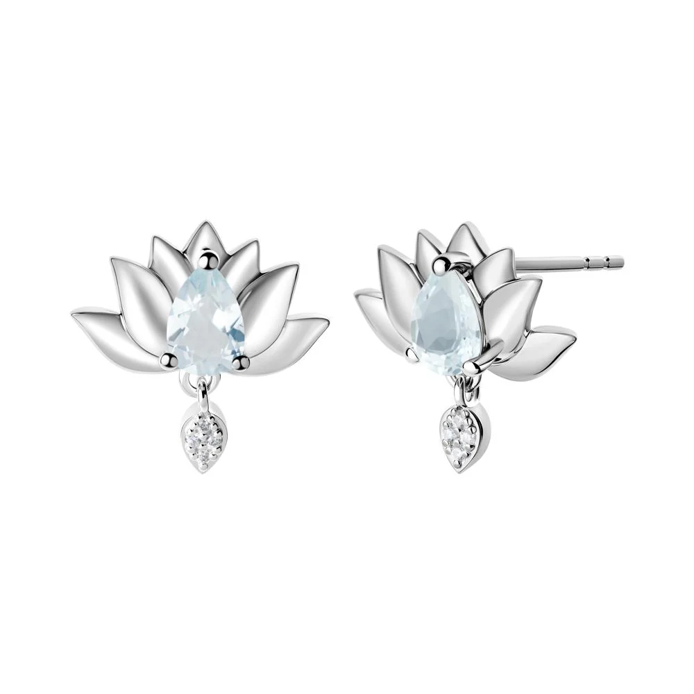 Tear Shaped Aquamarine Lotus Stud Earrings - Image 6