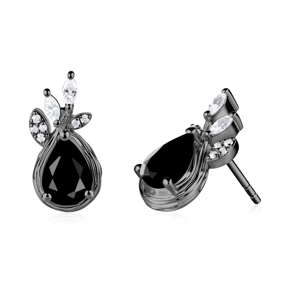 Tear Shaped Black Spinel Leaf Stud Earrings - Image 2