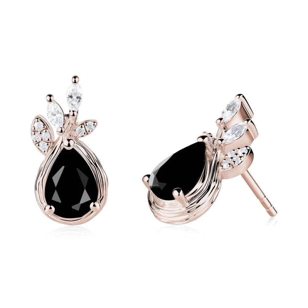 Tear Shaped Black Spinel Leaf Stud Earrings - Image 3