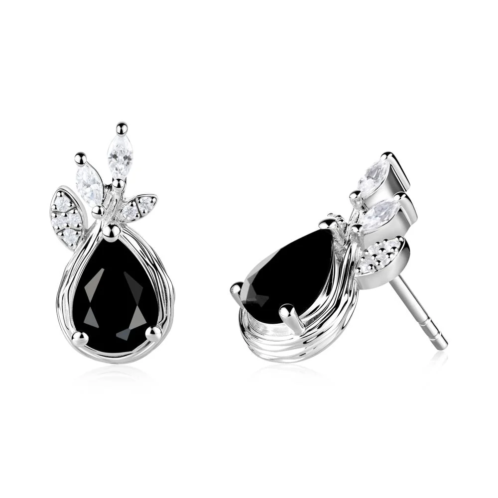 Tear Shaped Black Spinel Leaf Stud Earrings - Image 7