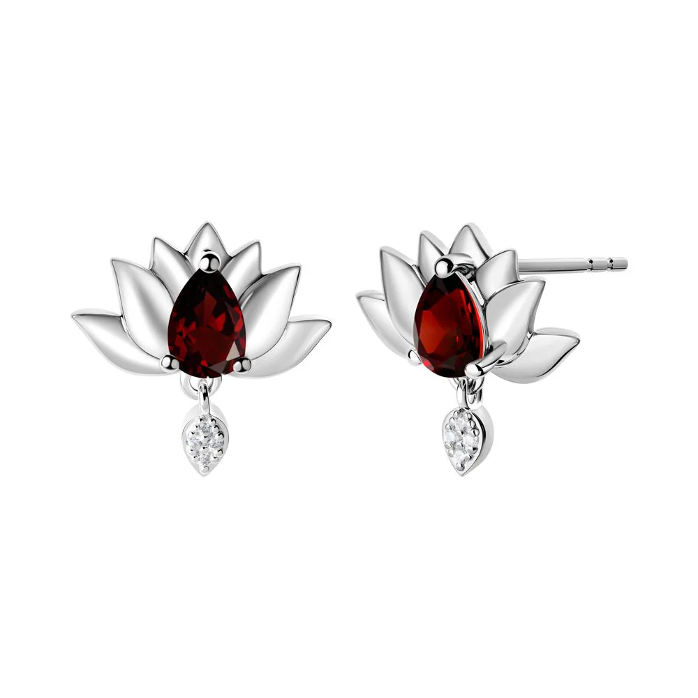 Tear Shaped Garnet Lotus Stud Earrings - Image 2