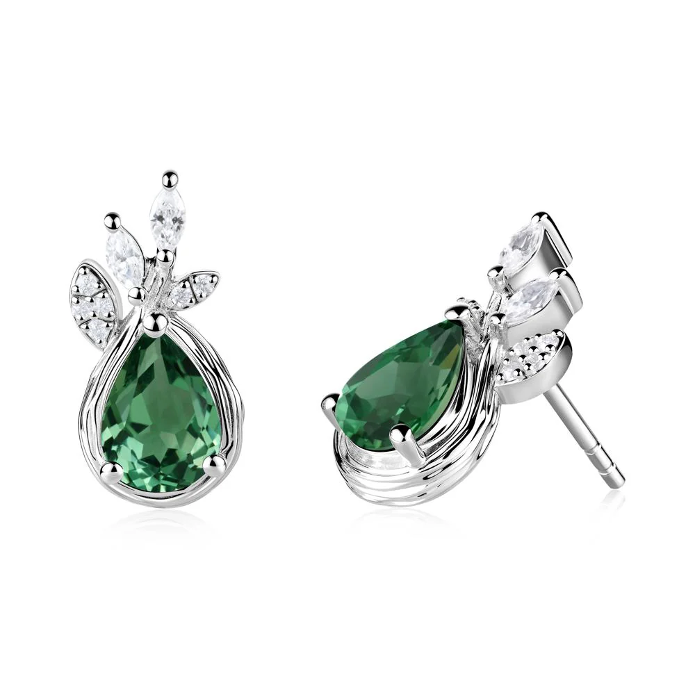 Tear Shaped Green Sapphire Leaf Stud Earrings - Image 5