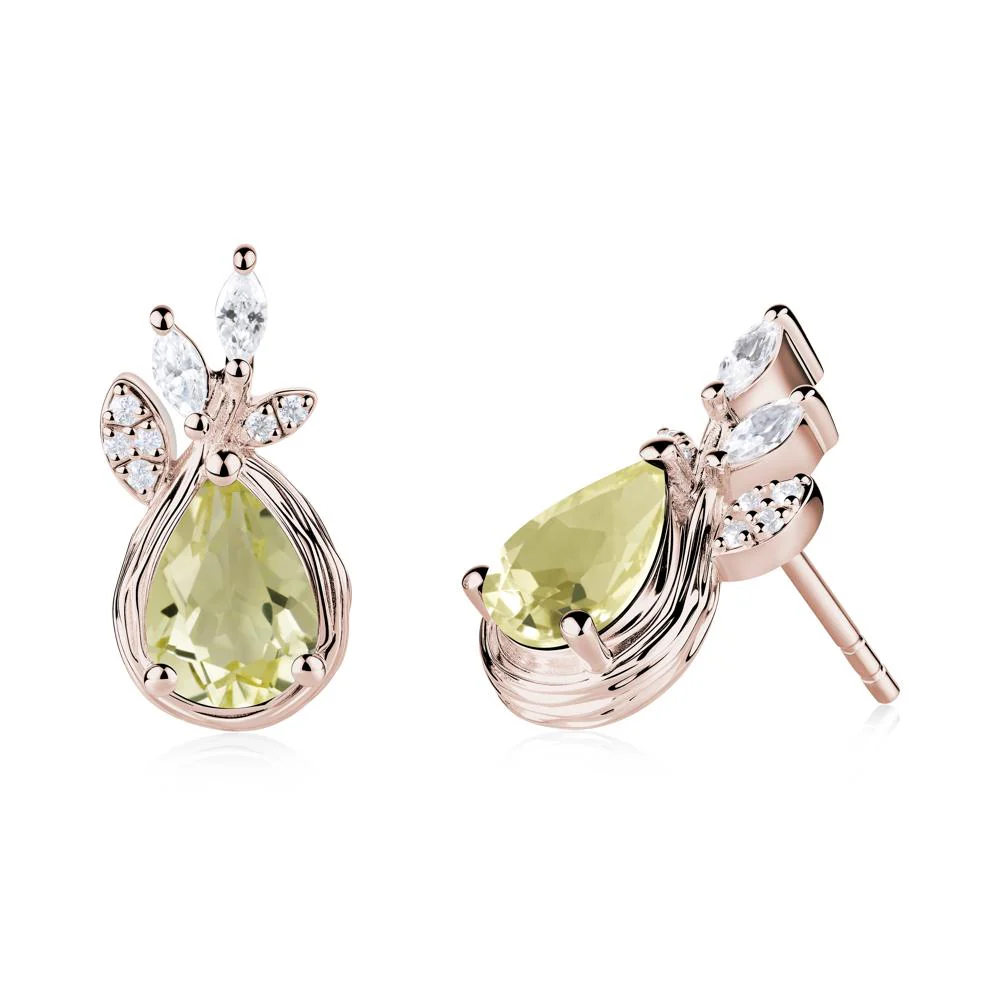 Tear Shaped Lemon Quartz Leaf Stud Earrings