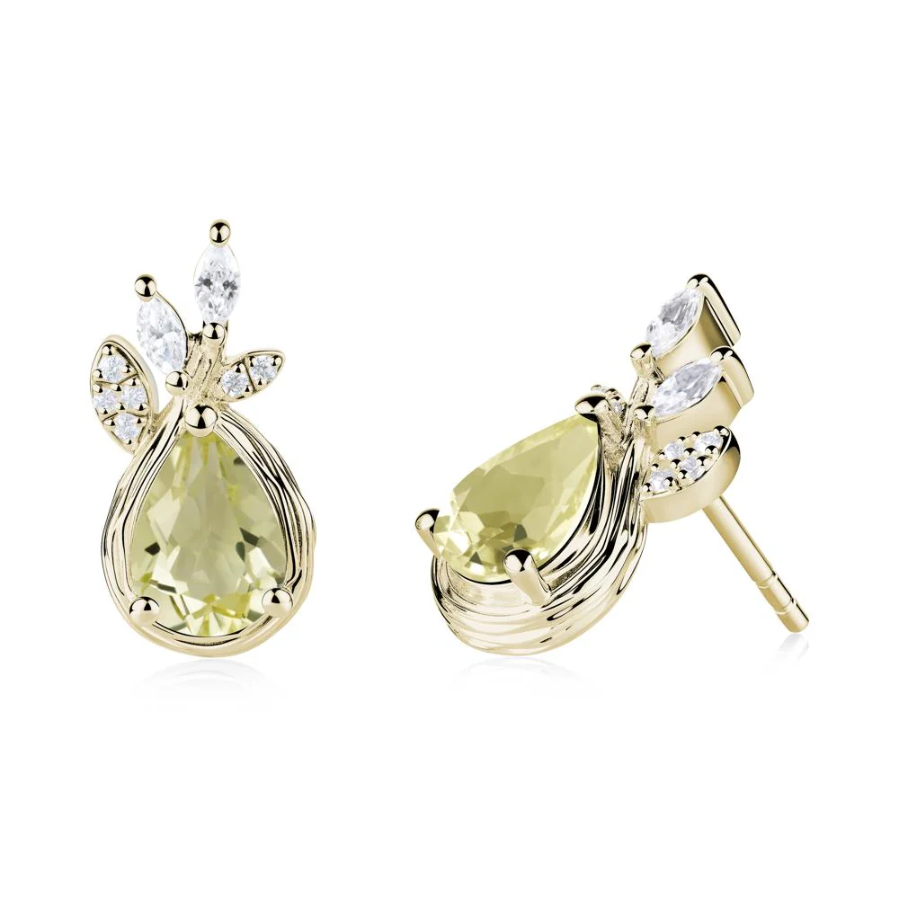Tear Shaped Lemon Quartz Leaf Stud Earrings - Image 2