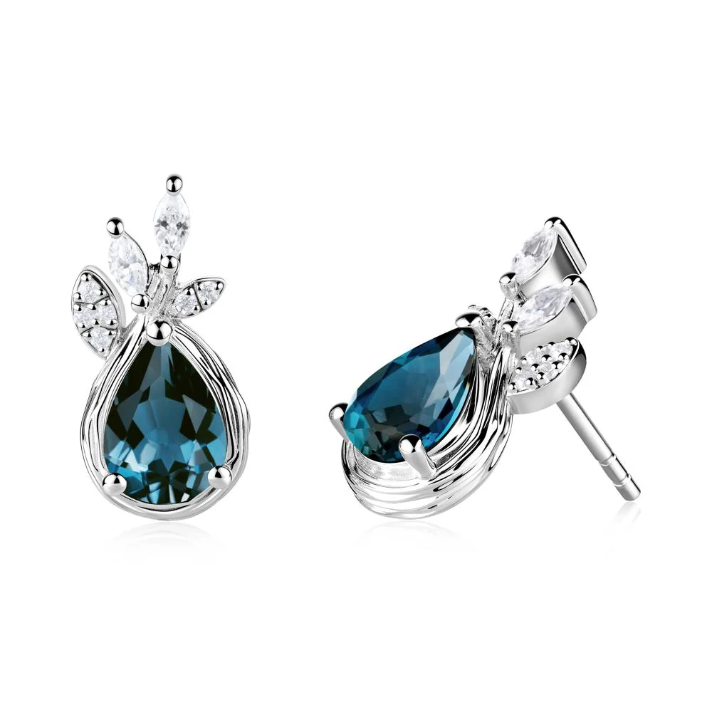 Tear Shaped London Blue Topaz Leaf Stud Earrings - Image 3