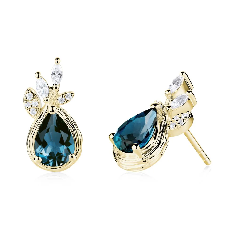 Tear Shaped London Blue Topaz Leaf Stud Earrings - Image 4