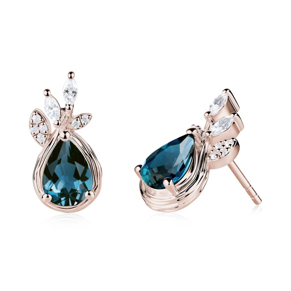 Tear Shaped London Blue Topaz Leaf Stud Earrings - Image 7