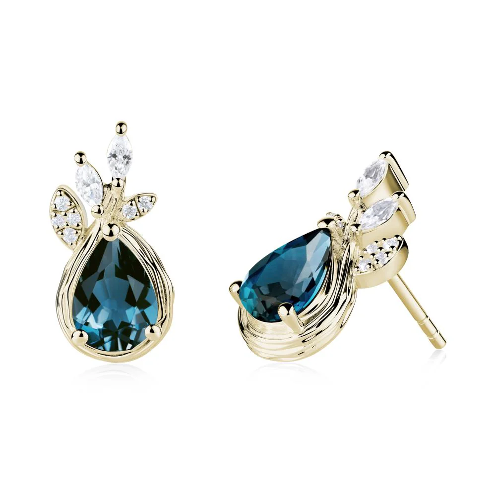 Tear Shaped London Blue Topaz Leaf Stud Earrings - Image 9