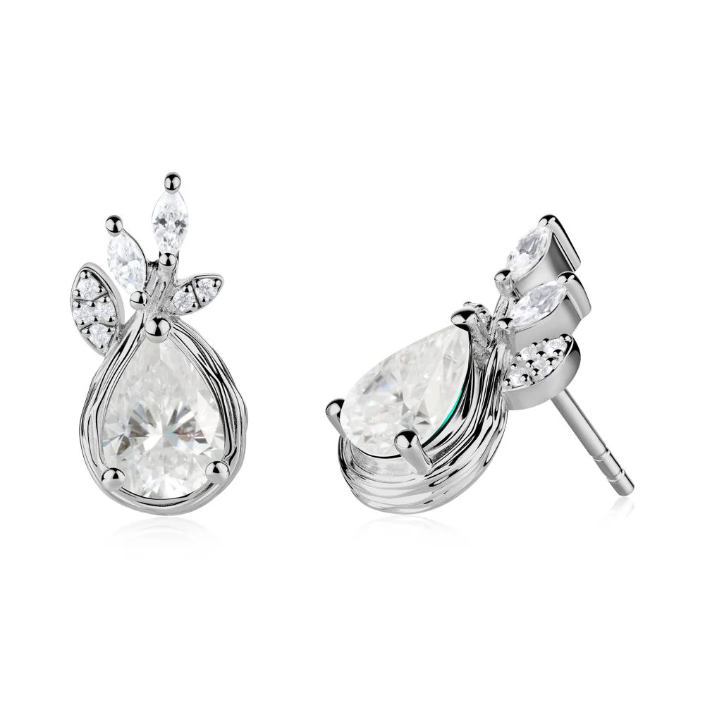 Tear Shaped Moissanite Leaf Stud Earrings - Image 2
