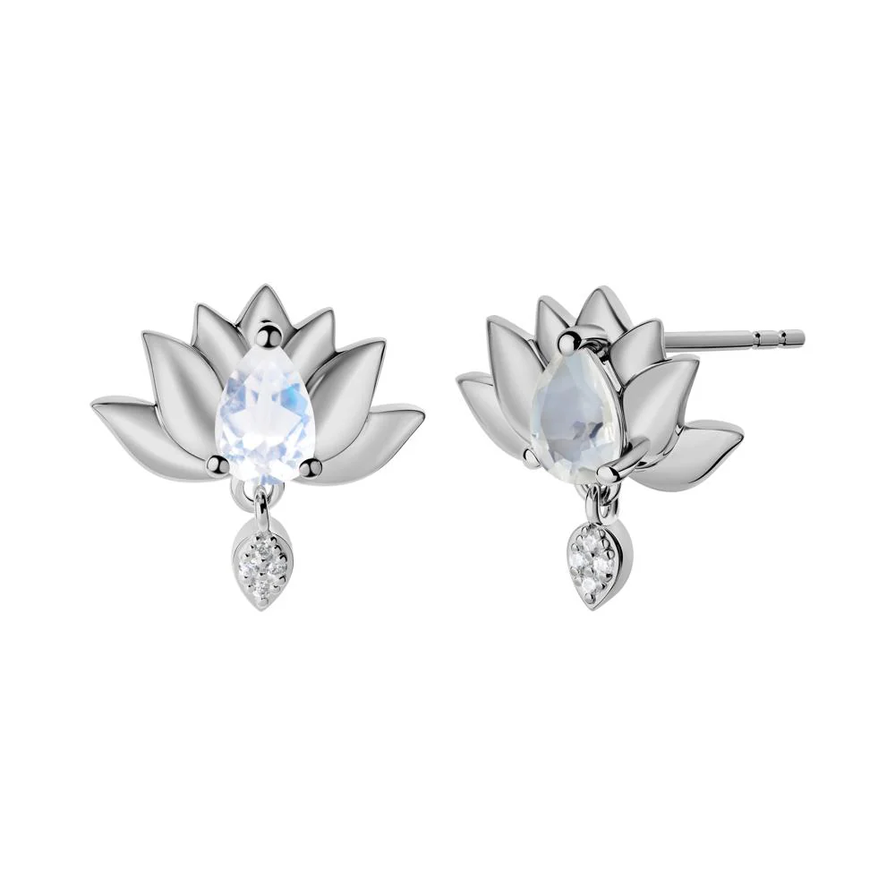 Tear Shaped Moonstone Lotus Stud Earrings - Image 4