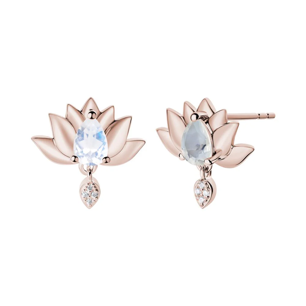 Tear Shaped Moonstone Lotus Stud Earrings - Image 5