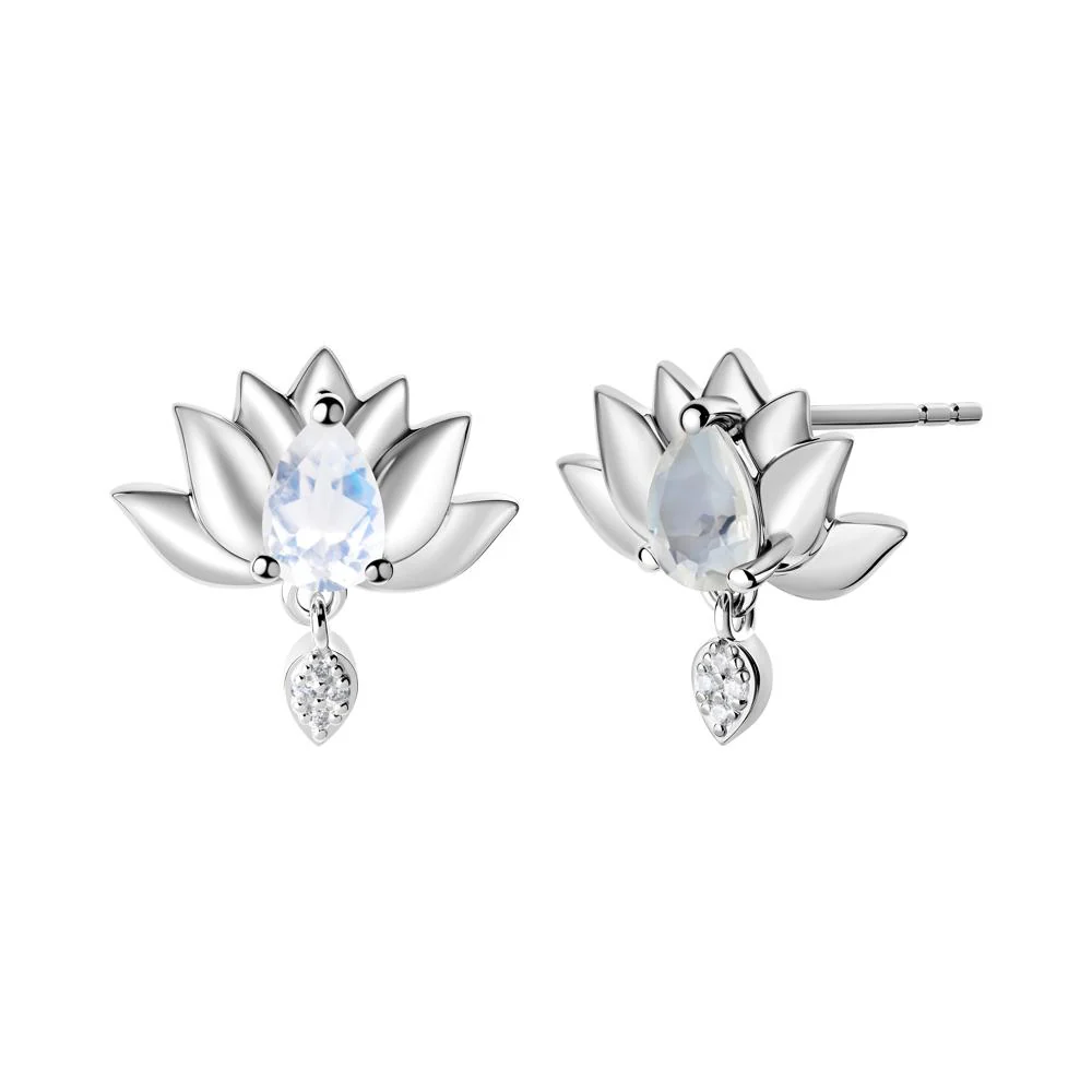 Tear Shaped Moonstone Lotus Stud Earrings - Image 9