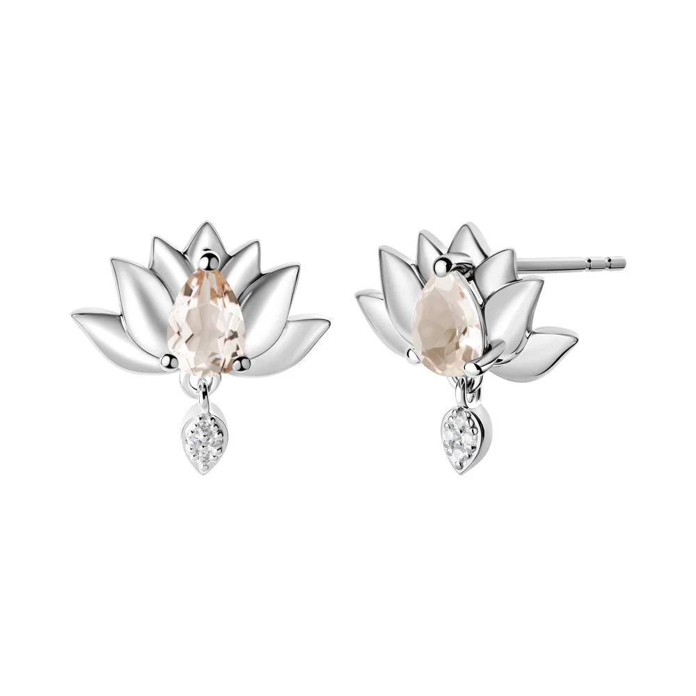 Tear Shaped Morganite Lotus Stud Earrings - Image 2