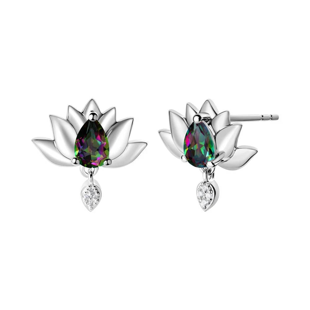 Tear Shaped Mystic Topaz Lotus Stud Earrings - Image 3