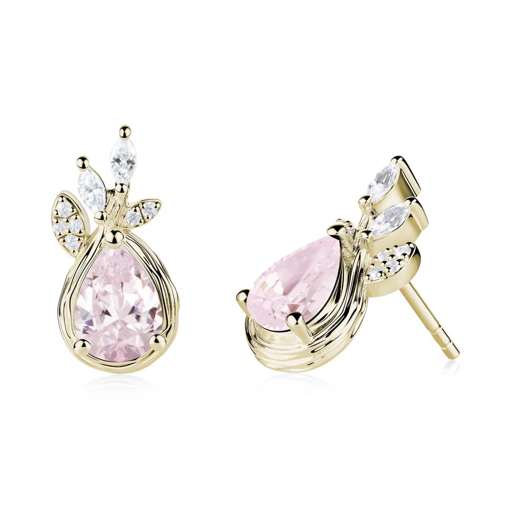 Tear Shaped Pink Cubic Zirconia Leaf Stud Earrings - Image 4