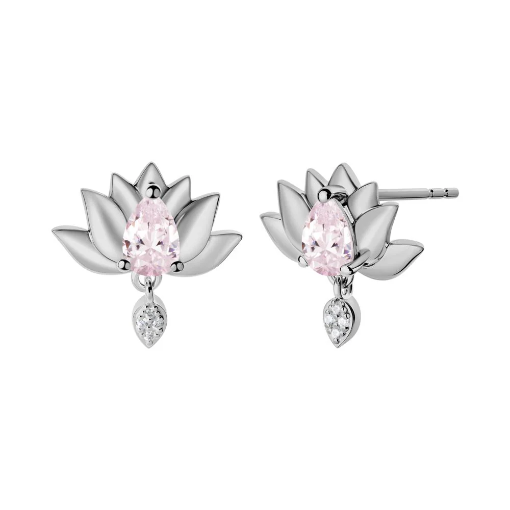 Tear Shaped Pink Cubic Zirconia Lotus Stud Earrings - Image 2