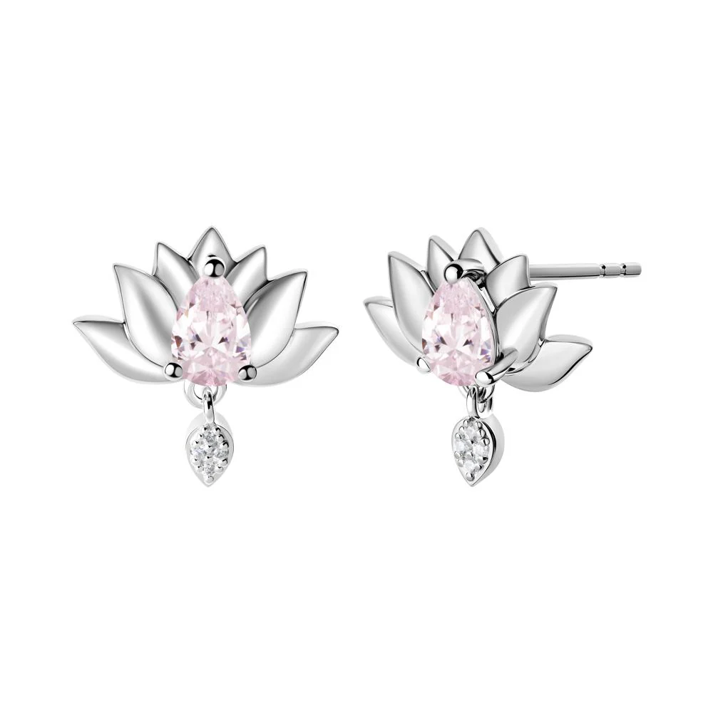 Tear Shaped Pink Cubic Zirconia Lotus Stud Earrings - Image 3