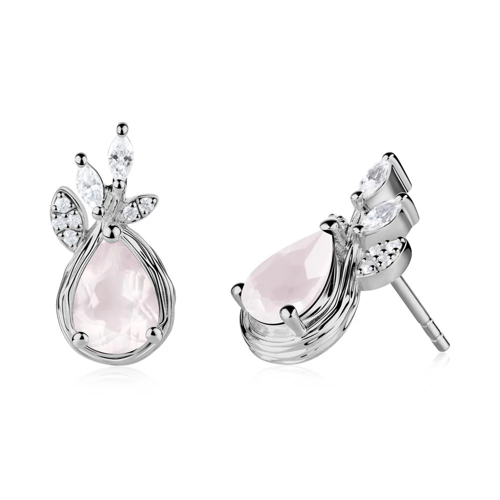 Tear Shaped Rose Quartz Leaf Stud Earrings - Image 4