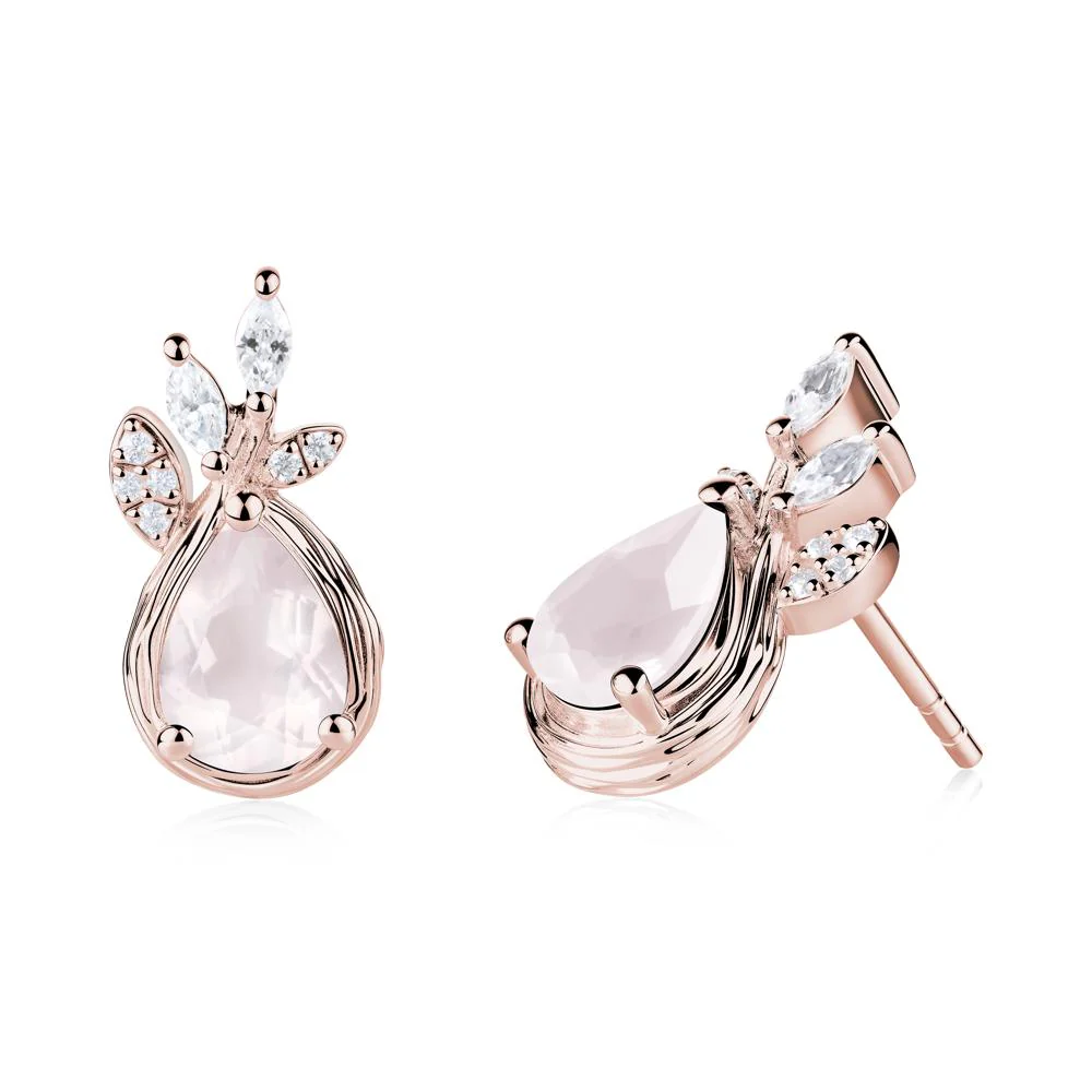 Tear Shaped Rose Quartz Leaf Stud Earrings - Image 5