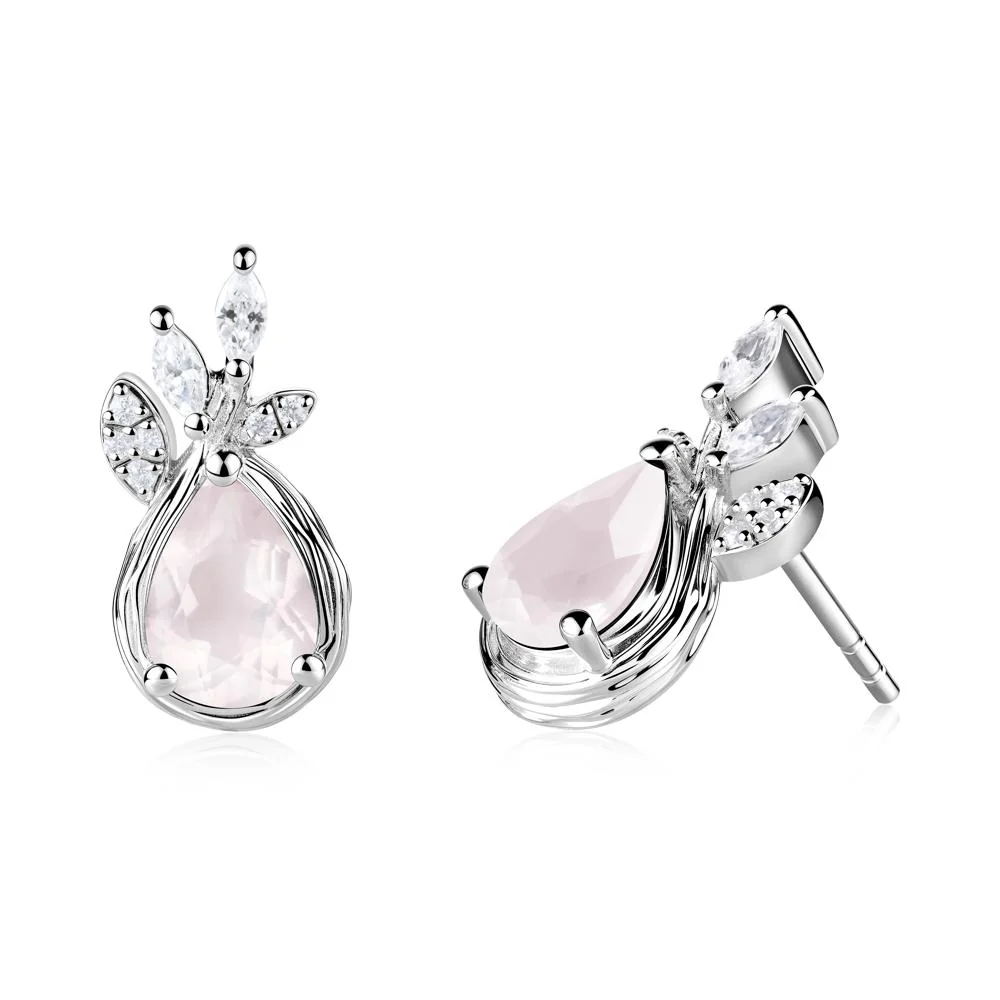 Tear Shaped Rose Quartz Leaf Stud Earrings - Image 6
