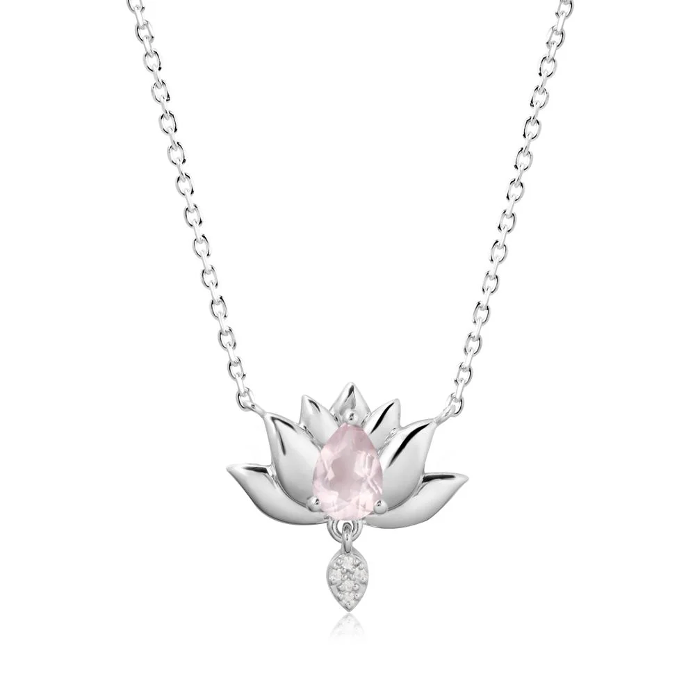 Tear Shaped Rose Quartz Lotus Necklace - Image 3