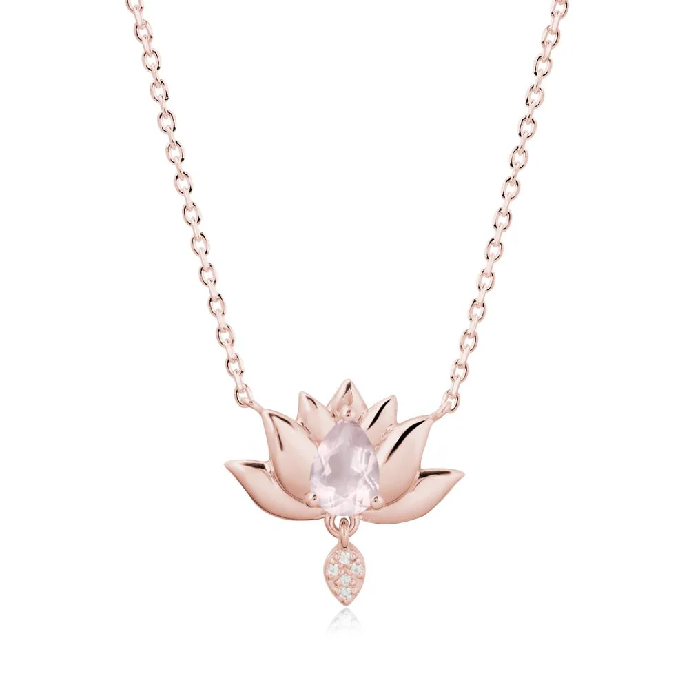 Tear Shaped Rose Quartz Lotus Necklace - Image 5