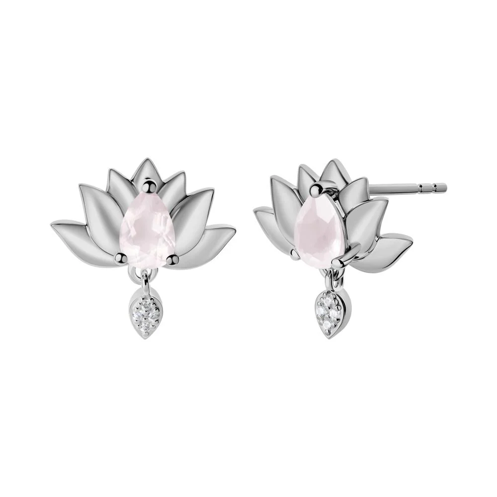 Tear Shaped Rose Quartz Lotus Stud Earrings