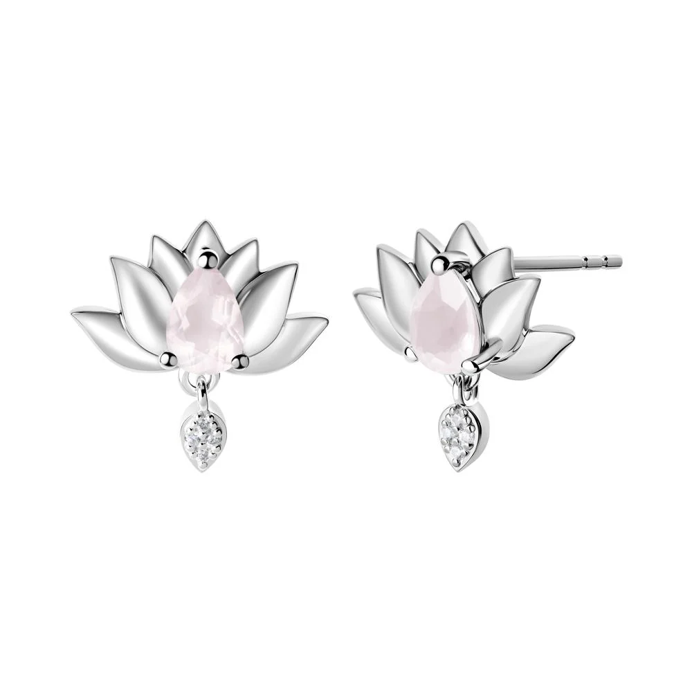 Tear Shaped Rose Quartz Lotus Stud Earrings - Image 3