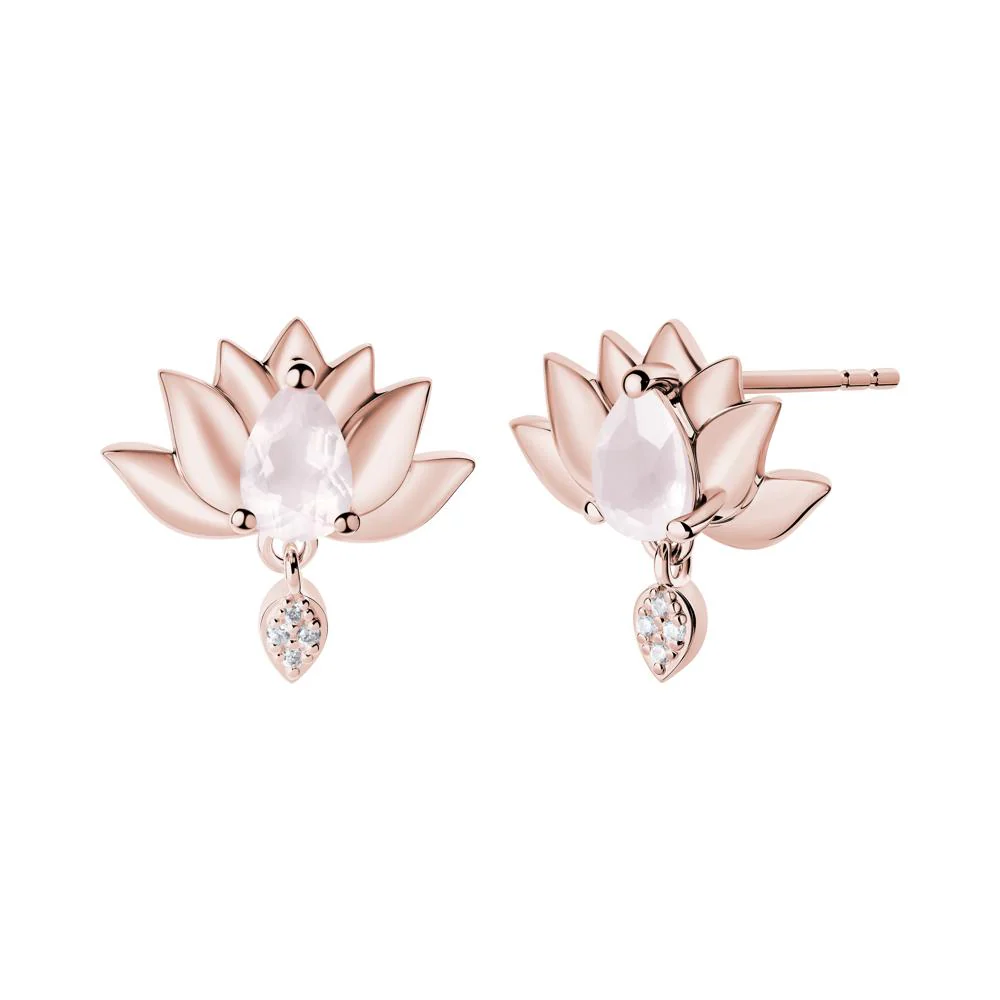Tear Shaped Rose Quartz Lotus Stud Earrings - Image 6