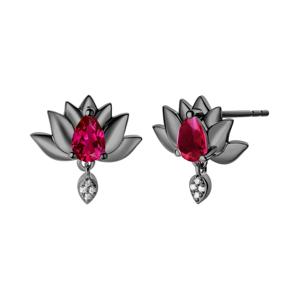 Tear Shaped Ruby Lotus Stud Earrings