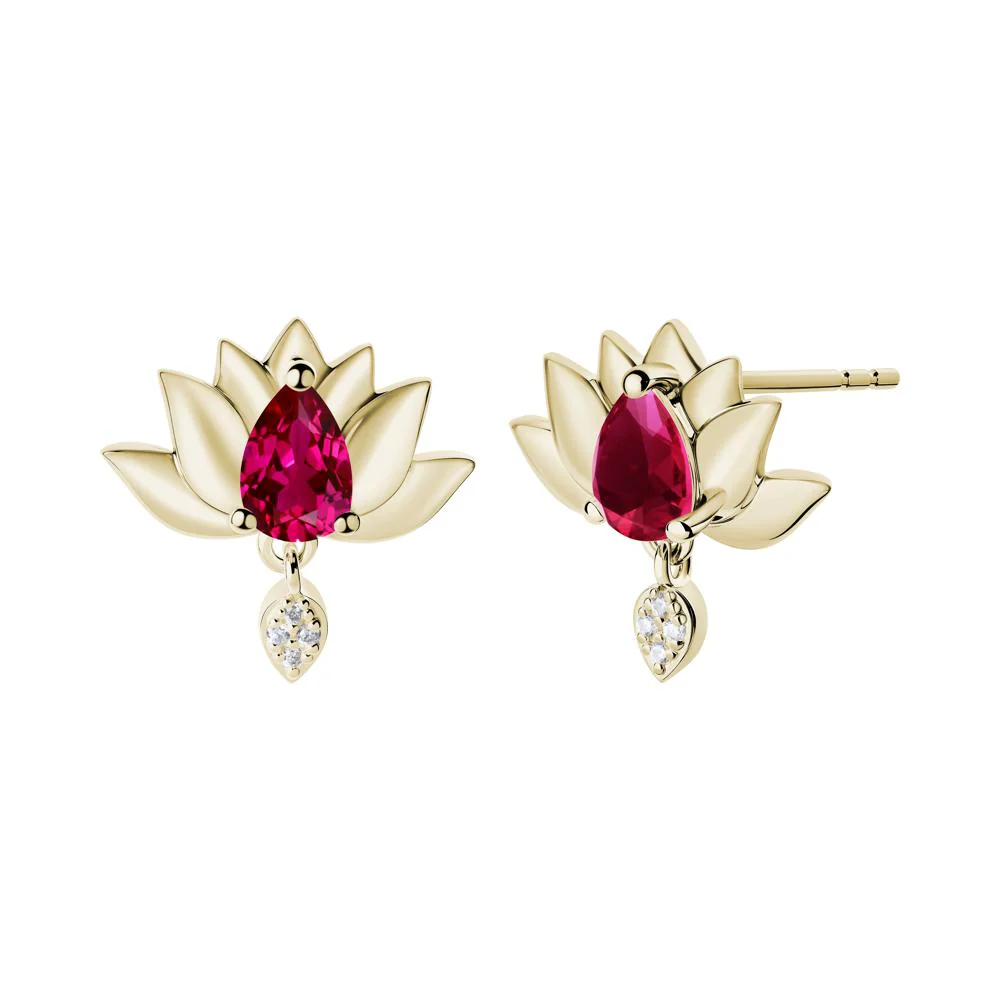 Tear Shaped Ruby Lotus Stud Earrings - Image 5