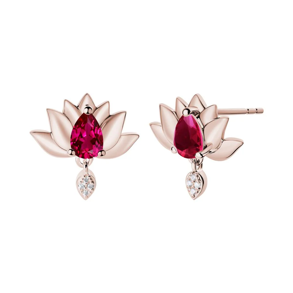 Tear Shaped Ruby Lotus Stud Earrings - Image 7