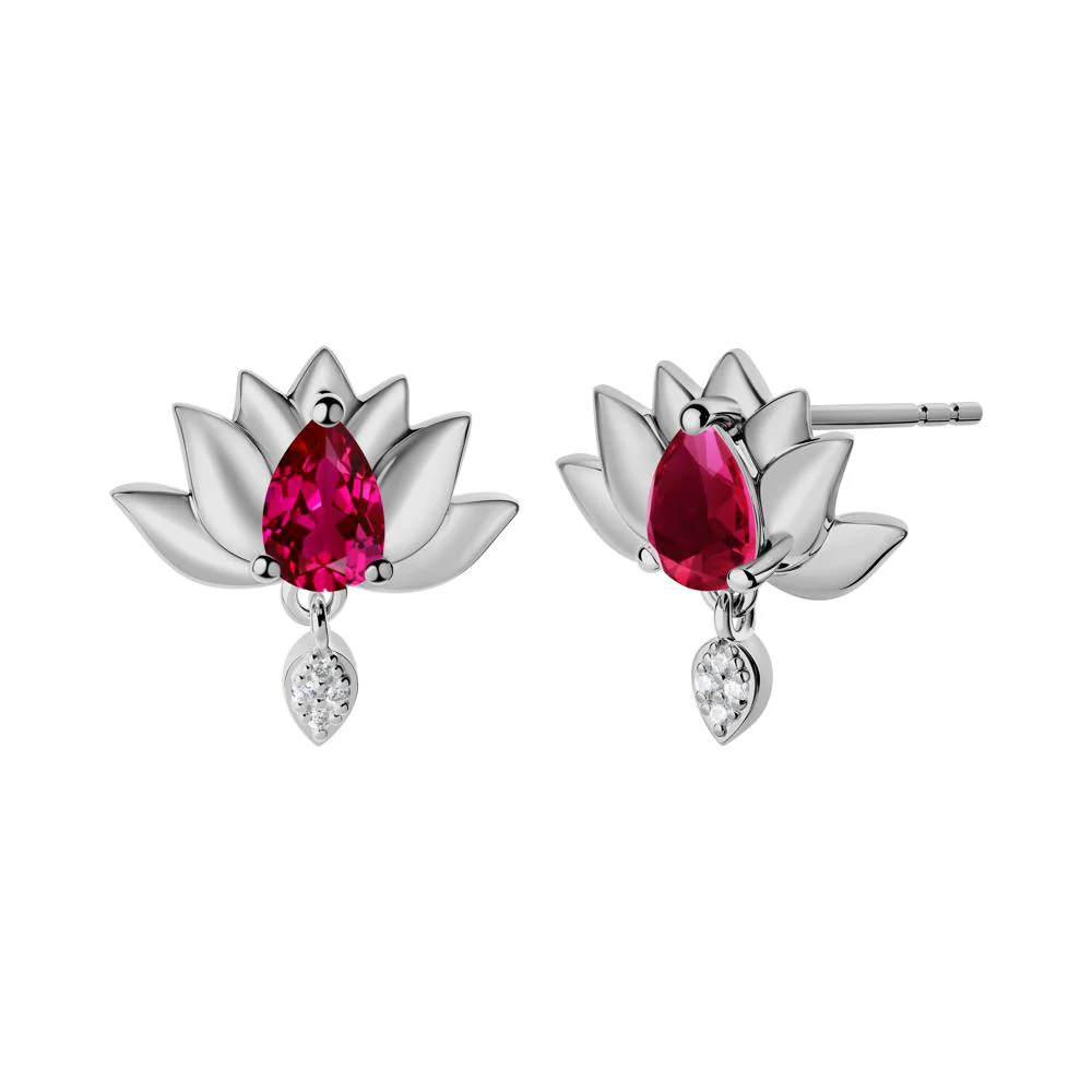 Tear Shaped Ruby Lotus Stud Earrings - Image 8
