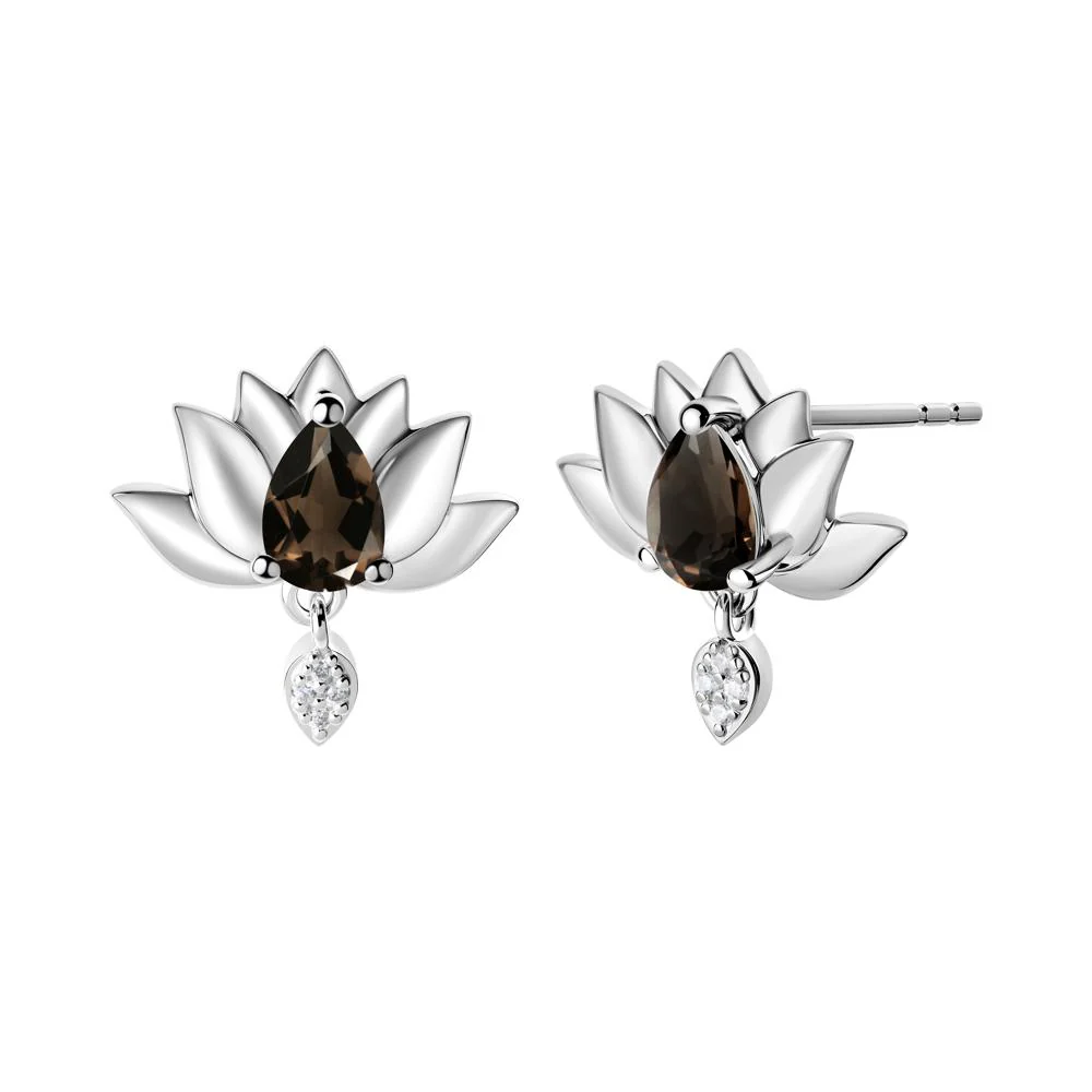 Tear Shaped Smoky Quartz Lotus Stud Earrings - Image 2