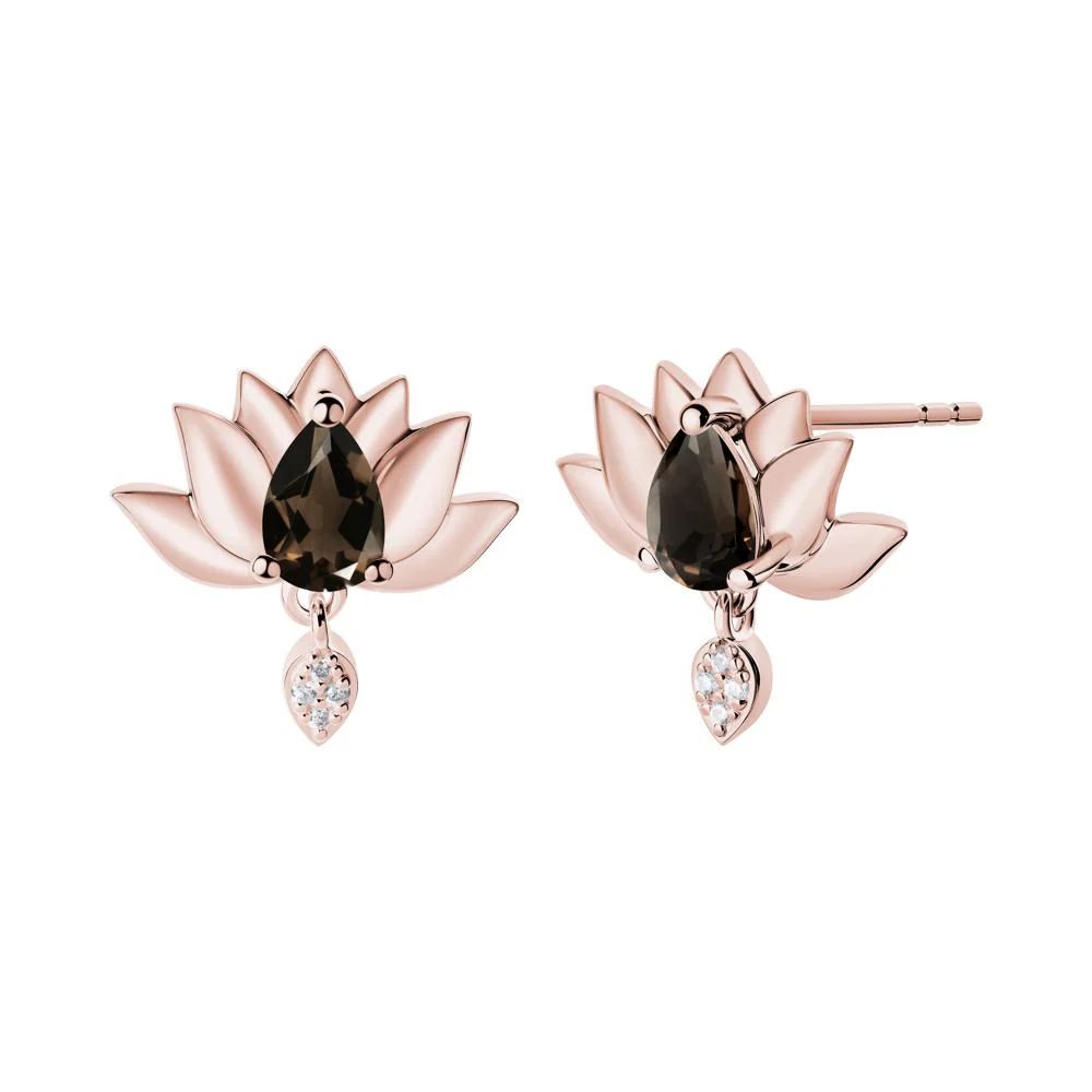 Tear Shaped Smoky Quartz Lotus Stud Earrings - Image 6