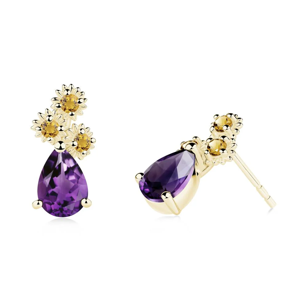 Teardrop Amethyst and Citrine Flower Stud Earrings - Image 3