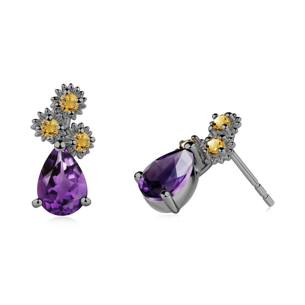 Teardrop Amethyst and Citrine Flower Stud Earrings - Image 5