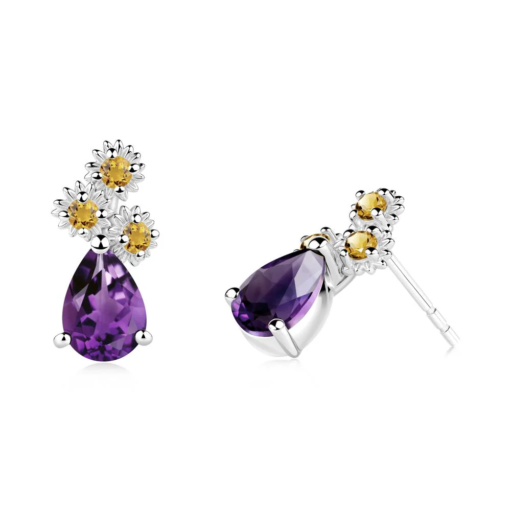 Teardrop Amethyst and Citrine Flower Stud Earrings - Image 6