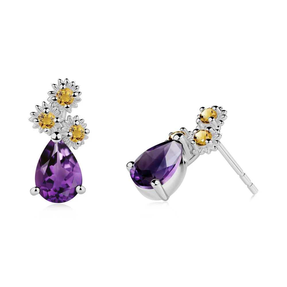 Teardrop Amethyst and Citrine Flower Stud Earrings - Image 8