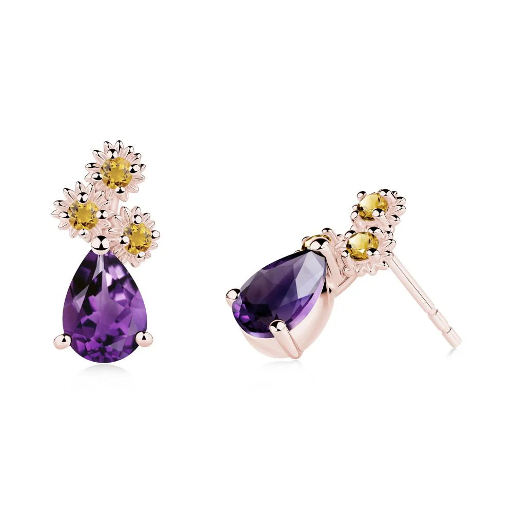 Teardrop Amethyst and Citrine Flower Stud Earrings - Image 9